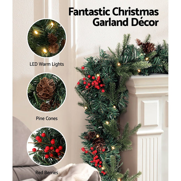 Jingle Jollys 2.4m Christmas Garland with LED Lights Decorations Xmas Party - RnR Galore