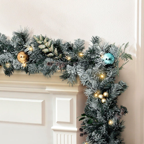 Jingle Jollys 2.7m Christmas Garland with LED Lights Snowy Decoration Xmas Party - RnR Galore