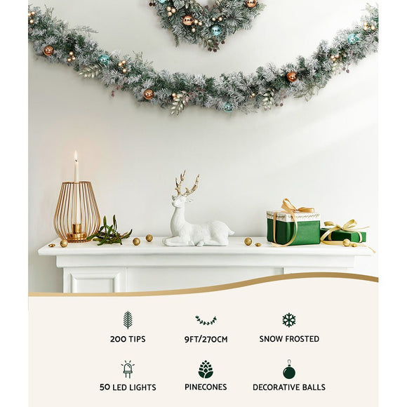 Jingle Jollys 2.7m Christmas Garland with LED Lights Snowy Decoration Xmas Party - RnR Galore