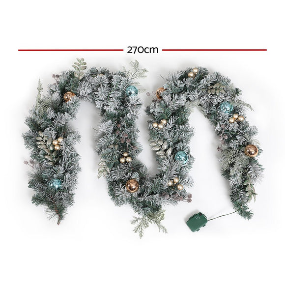 Jingle Jollys 2.7m Christmas Garland with LED Lights Snowy Decoration Xmas Party - RnR Galore