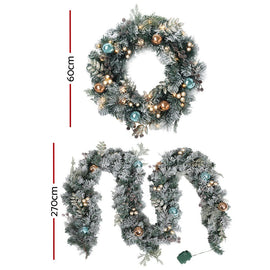 Jingle Jollys 2.7m Christmas Garland with Wreath Set LED Lights Snowy Xmas Decor - RnR Galore