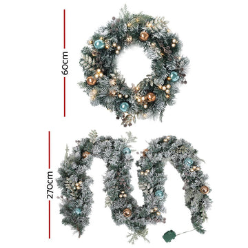 Jingle Jollys 2.7m Christmas Garland with Wreath Set LED Lights Snowy Xmas Decor - RnR Galore