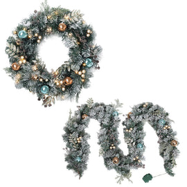 Jingle Jollys 2.7m Christmas Garland with Wreath Set LED Lights Snowy Xmas Decor - RnR Galore