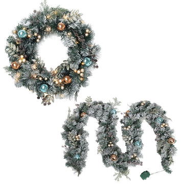 Jingle Jollys 2.7m Christmas Garland with Wreath Set LED Lights Snowy Xmas Decor - RnR Galore