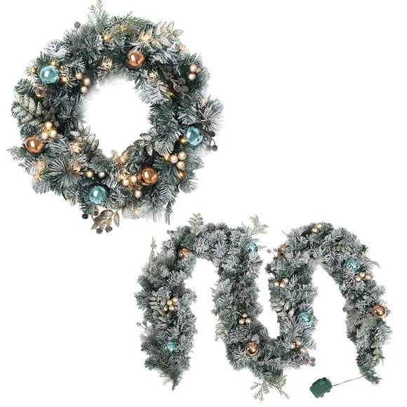 Jingle Jollys 2.7m Christmas Garland with Wreath Set LED Lights Snowy Xmas Decor - RnR Galore