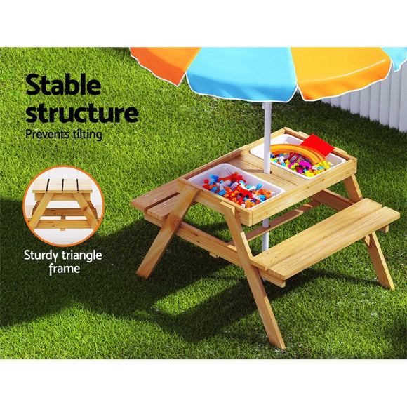 Keezi Kids Outdoor Table and Chairs Picnic Bench Umbrella Set Water Sand Pit Box - RnR Galore