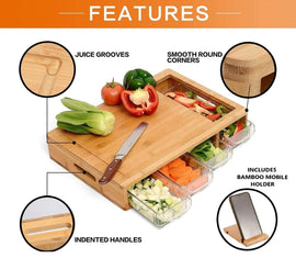 Large Bamboo Cutting Board and 4 Containers with Mobile Holder gift included for Home Kitchen - RnR Galore
