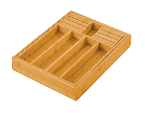 Large Capacity Bamboo Expandable Drawer Organizer with Knife Block Holder for Home Kitchen Utensils - RnR Galore