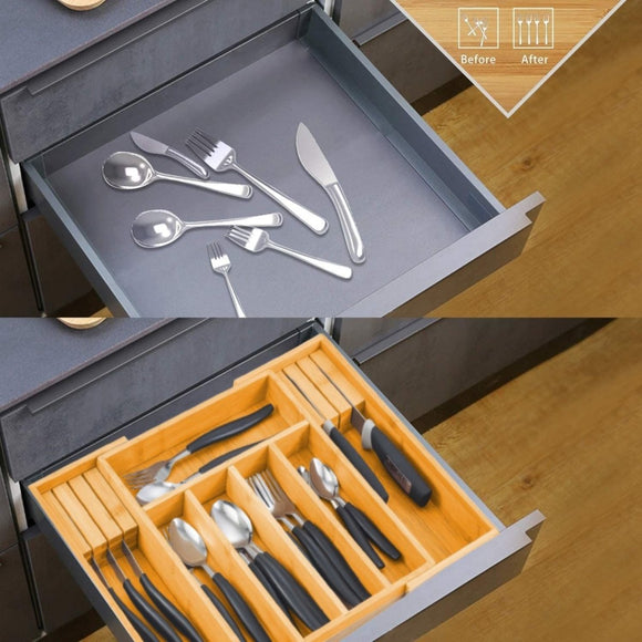 Large Capacity Bamboo Expandable Drawer Organizer with Knife Block Holder for Home Kitchen Utensils - RnR Galore
