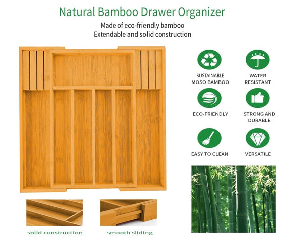 Large Capacity Bamboo Expandable Drawer Organizer with Knife Block Holder for Home Kitchen Utensils - RnR Galore