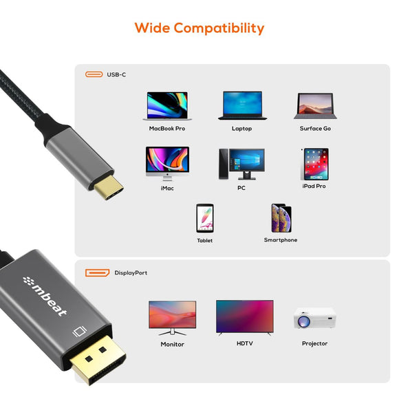 mbeat Tough Link 1.8m 4K USB - C to Display Port Cable - Space Grey - RnR Galore