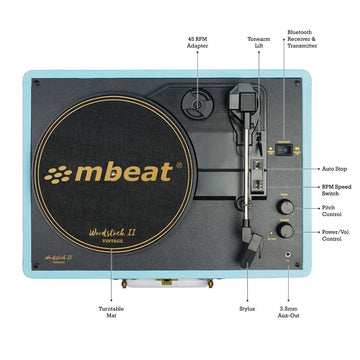 mbeat Woodstock II Sky Blue Retro Bluetooth (TX/RX) Turntable - RnR Galore