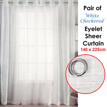 Pair of White Checkered Eyelet Sheer Curtains 140 x 225cm - RnR Galore