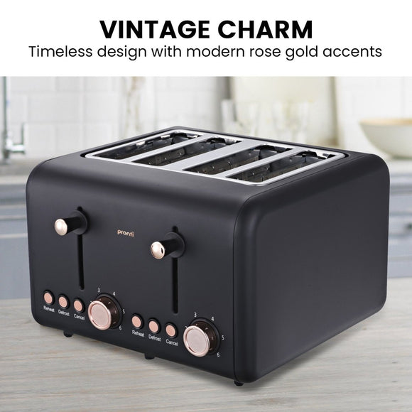 Pronti 4 Slice Toaster Rose Trim Collection - Black - RnR Galore