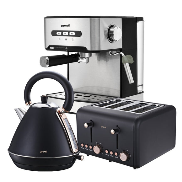 Pronti Toaster, Kettle & Coffee Machine Breakfast Set - Black - RnR Galore