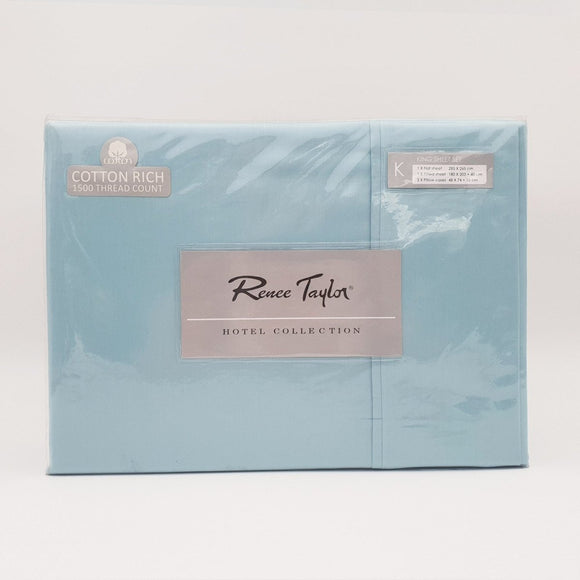 Renee Taylor 1500 Thread Count Pure Soft Cotton Blend Flat & Fitted Sheet Set Mist King - RnR Galore