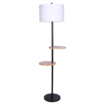 Sarantino Metal Floor Lamp Shade with Black Post in Round Wood Shelves - RnR Galore