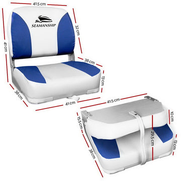 Seamanship 2X Folding Boat Seats Marine Swivel Low Back 13cm Padding White Blue - RnR Galore