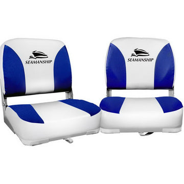 Seamanship 2X Folding Boat Seats Marine Swivel Low Back 13cm Padding White Blue - RnR Galore