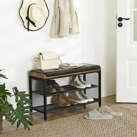 Shoe Bench with Mesh Shelf and Faux Leather Vintage Brown Black 80 x 30 x 48 cm - RnR Galore