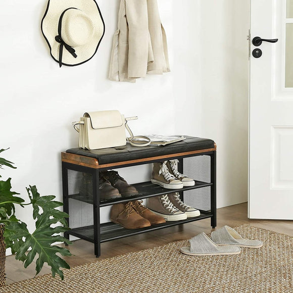 Shoe Bench with Mesh Shelf and Faux Leather Vintage Brown Black 80 x 30 x 48 cm - RnR Galore