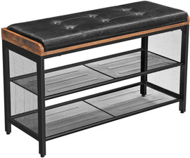 Shoe Bench with Mesh Shelf and Faux Leather Vintage Brown Black 80 x 30 x 48 cm - RnR Galore