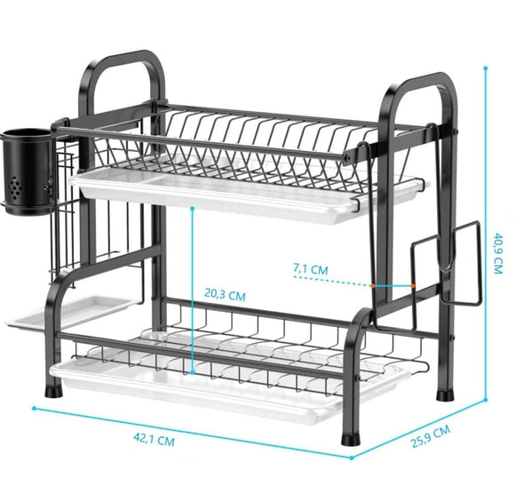 Stainless Steel 2 - Tier Dish Drying Rack with Utensil Holder, Cutting Board Holder and Dish Drainer for Kitchen Counter (Black) - RnR Galore