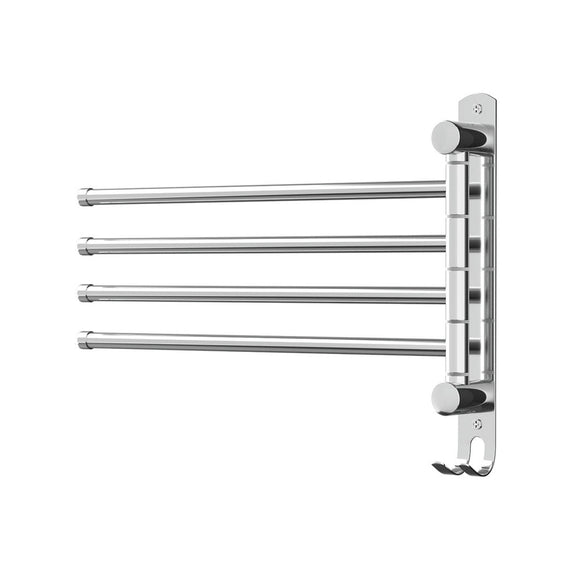 Towel Rail Rack Holder 4 Bars Wall Mounted Stainless Steel Swivel Hanging Hook - RnR Galore