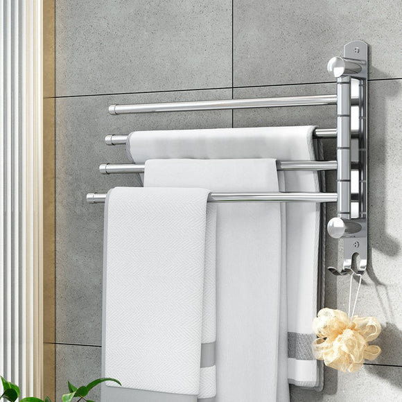 Towel Rail Rack Holder 4 Bars Wall Mounted Stainless Steel Swivel Hanging Hook - RnR Galore