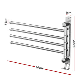 Towel Rail Rack Holder 4 Bars Wall Mounted Stainless Steel Swivel Hanging Hook - RnR Galore