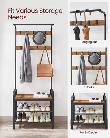 VASAGLE Coat Rack with Shoe Rack 183 cm Height Walnut Brown and Black - RnR Galore