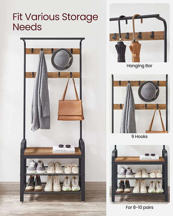 VASAGLE Coat Rack with Shoe Rack 183 cm Height Walnut Brown and Black - RnR Galore