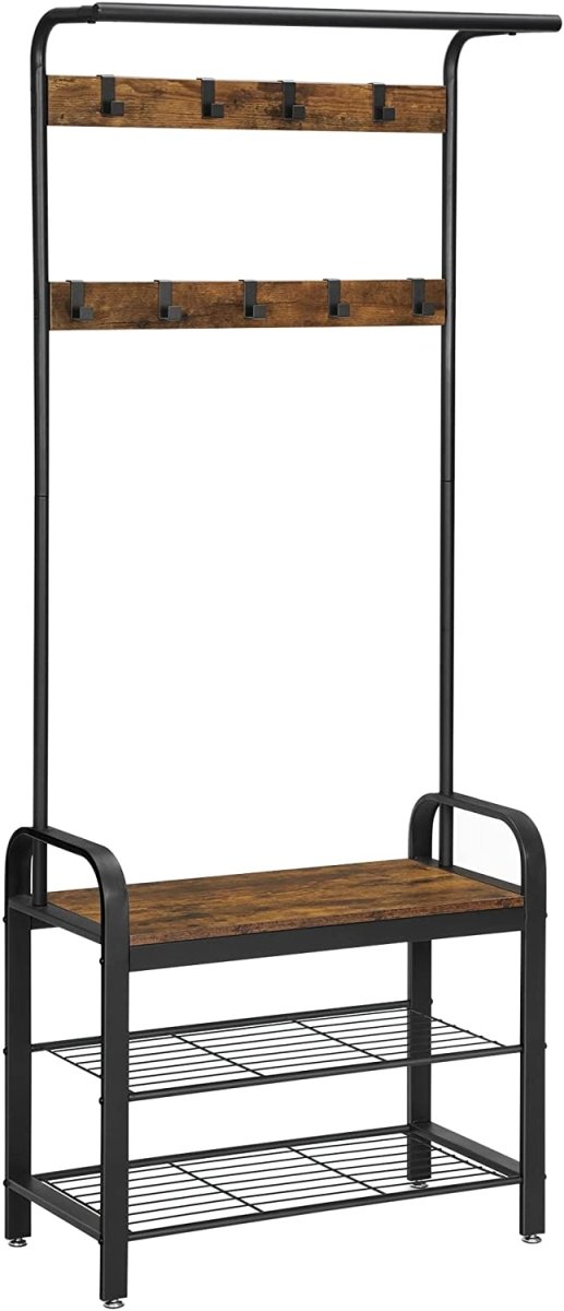 Vintage Coat Rack Shoe Bench, Wood Look Accent Furniture and Metal Frame - RnR Galore