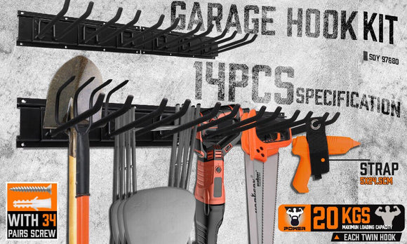 Wall Mounted Hook Rail Set Bike Holder Garden Tool Storage Rack Garage Organizer - RnR Galore