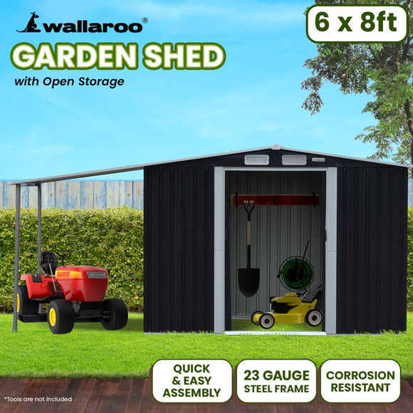 Wallaroo 6x8ft Zinc Steel Garden Shed with Open Storage - Black - RnR Galore