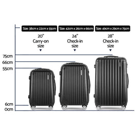 Wanderlite Luggage Set 3pc 20" 24" 28" Suitcase Hardcase Trolley Travel Black - RnR Galore