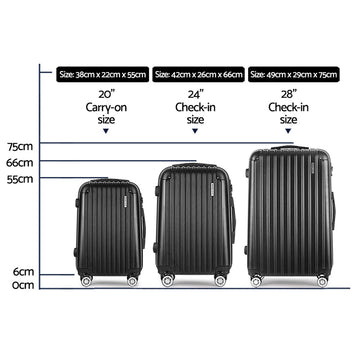 Wanderlite Luggage Set 3pc 20" 24" 28" Suitcase Hardcase Trolley Travel Black - RnR Galore