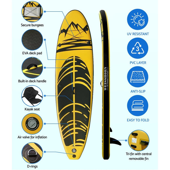 Weisshorn Stand Up Paddle Board 10.6ft Inflatable SUP Surfboard Paddleboard Kayak Surf Yellow - RnR Galore