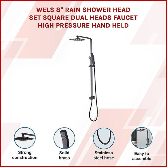 WELS 8" Rain Shower Head Set Square Dual Heads Faucet High Pressure Hand Held - RnR Galore