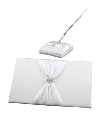 White Wedding Guest Book Register with Silver Pen Matching Stand Set 36 Lined Pages - White Sach Diamante Cover - RnR Galore