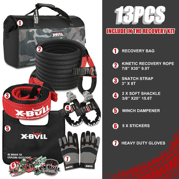 X - BULL Recovery Kit 4X4 Off - Road Kinetic Rope Snatch Strap Winch Damper 4WD13PCS - RnR Galore