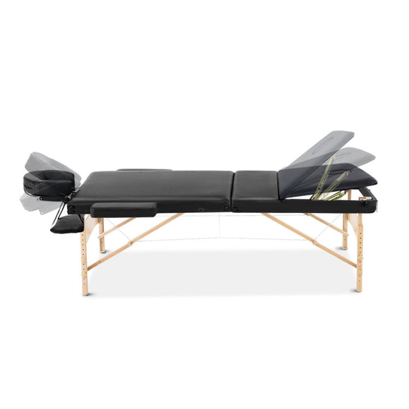 Zenses Massage Table 70cm 3 Fold Wooden Portable Beauty Therapy Bed Waxing Black - RnR Galore