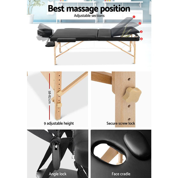 Zenses Massage Table 70cm 3 Fold Wooden Portable Beauty Therapy Bed Waxing Black - RnR Galore