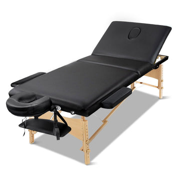 Zenses Massage Table 70cm 3 Fold Wooden Portable Beauty Therapy Bed Waxing Black - RnR Galore