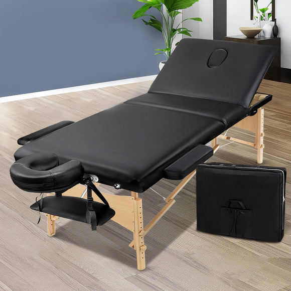 Zenses Massage Table 70cm 3 Fold Wooden Portable Beauty Therapy Bed Waxing Black - RnR Galore