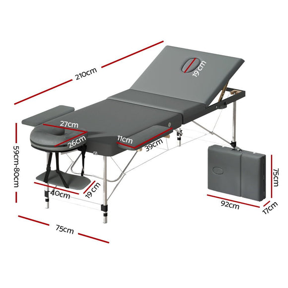 Zenses Massage Table 75cm 3 Fold Aluminium Beauty Bed Portable Therapy Grey - RnR Galore
