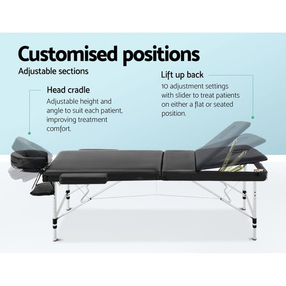 Zenses Massage Table 80cm 3 Fold Aluminium Beauty Bed Portable Therapy Black - RnR Galore